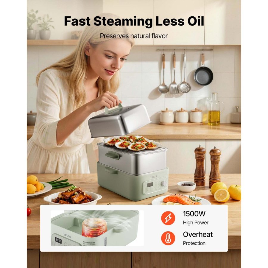 VEVOR 2 Tier Electric Food Steamer – 13L, 1500W, 9 Menus