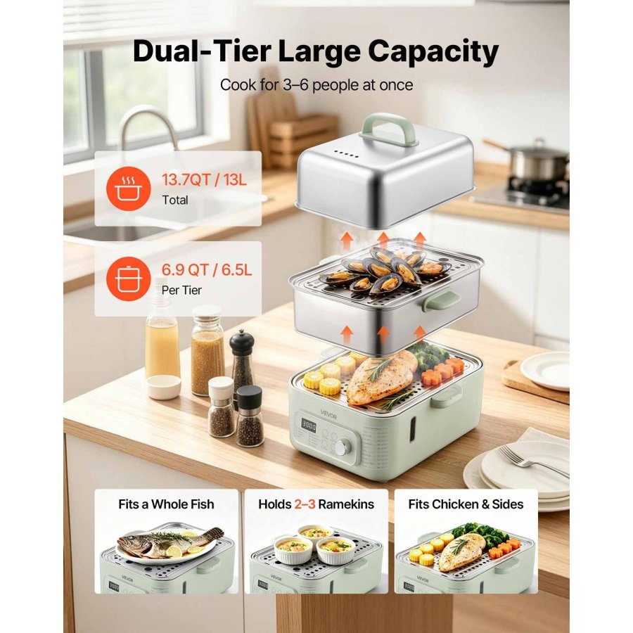 VEVOR 2 Tier Electric Food Steamer – 13L, 1500W, 9 Menus