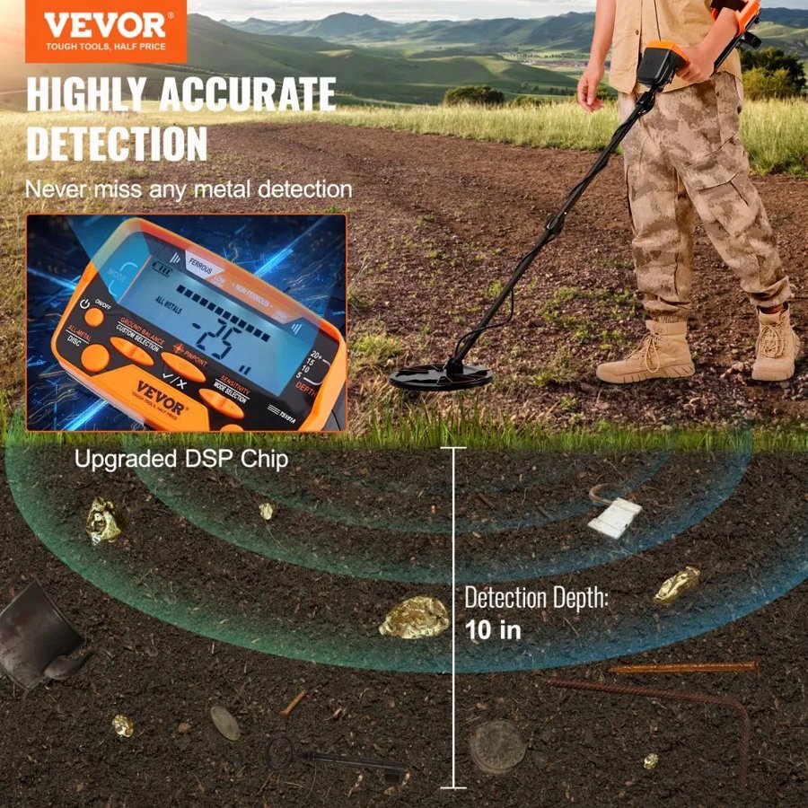 VEVOR Metal Detector for Adults & Kids, 25.4 cm Waterproof Search Coil with LCD Display 7 Modes, Adjustable 104.1 cm - 132.1 cm Aluminum Stem, DSP Chip Higher Accuracy Gold Detector 25.4 cm Detection Depth