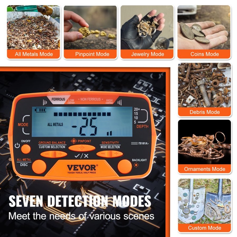 VEVOR Metal Detector for Adults & Kids, 25.4 cm Waterproof Search Coil with LCD Display 7 Modes, Adjustable 104.1 cm - 132.1 cm Aluminum Stem, DSP Chip Higher Accuracy Gold Detector 25.4 cm Detection Depth