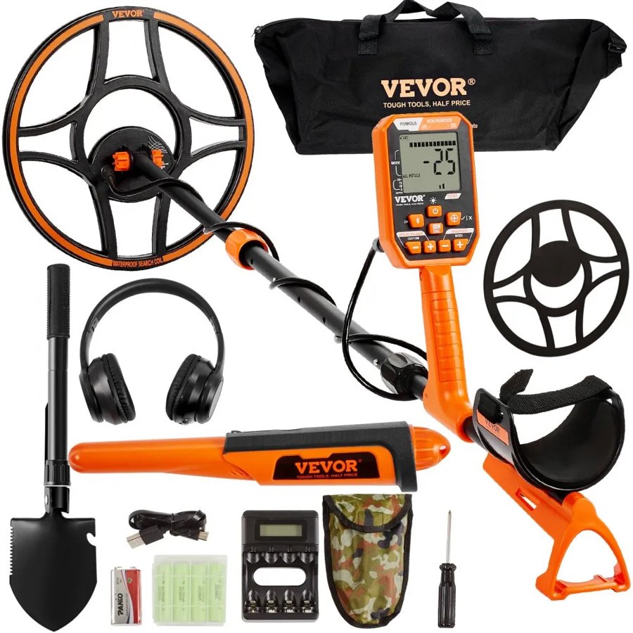 VEVOR Waterproof Metal Detector, 30.5 cm Coil, Professional Rechargeable Gold Detector, 99-127 cm Adjustable with LCD 7 Modes Advanced DSP Chip Bluetooth Headset, IP68 for Detecting Gold Treasure Hunting