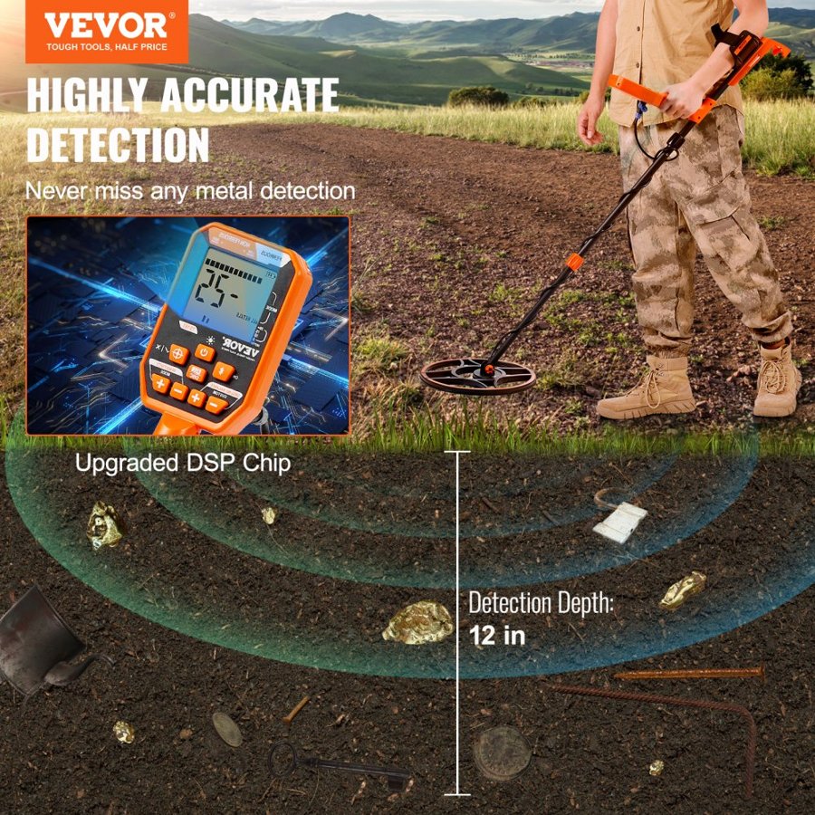 VEVOR Waterproof Metal Detector, 30.5 cm Coil, Professional Rechargeable Gold Detector, 99-127 cm Adjustable with LCD 7 Modes Advanced DSP Chip Bluetooth Headset, IP68 for Detecting Gold Treasure Hunting