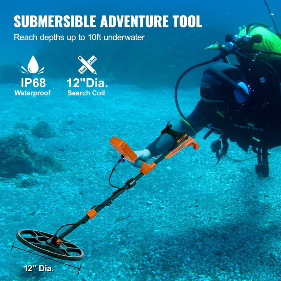 VEVOR Waterproof Metal Detector, 30.5 cm Coil, Professional Rechargeable Gold Detector, 99-127 cm Adjustable with LCD 7 Modes Advanced DSP Chip Bluetooth Headset, IP68 for Detecting Gold Treasure Hunting