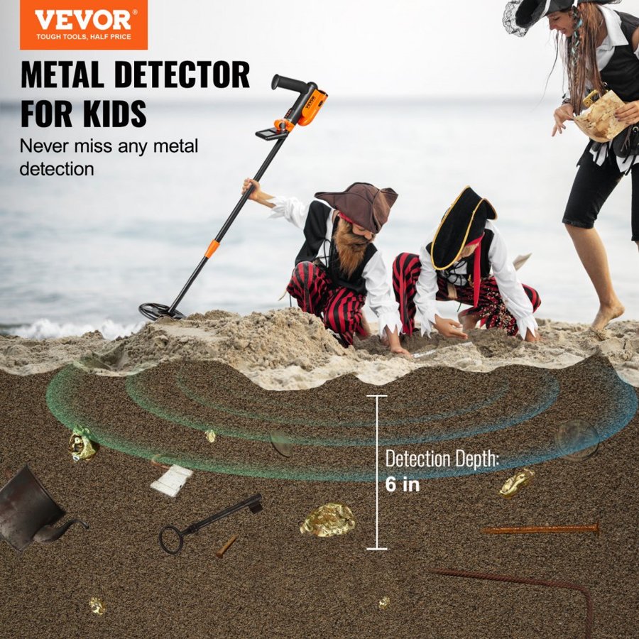 VEVOR Metal Detector for Kids, 15.2 cm Waterproof Search Coil with LCD Display, Adjustable 66 cm - 91.4 cm Gold Detector, Lightweight Carbon Fiber Stem for Junior & Youth Detecting Gold Coin Treasure