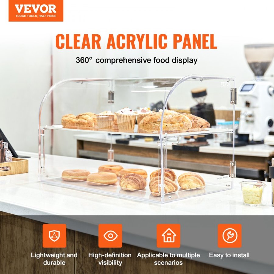 VEVOR Pastry Display Case, 2-Tier Commercial Countertop Bakery Display Case, Acrylic Display Box with Rear Door Access & Removable Shelves, Keep Fresh for Donut Bagels Cake Cookie, 56 x 36 x 36 cm