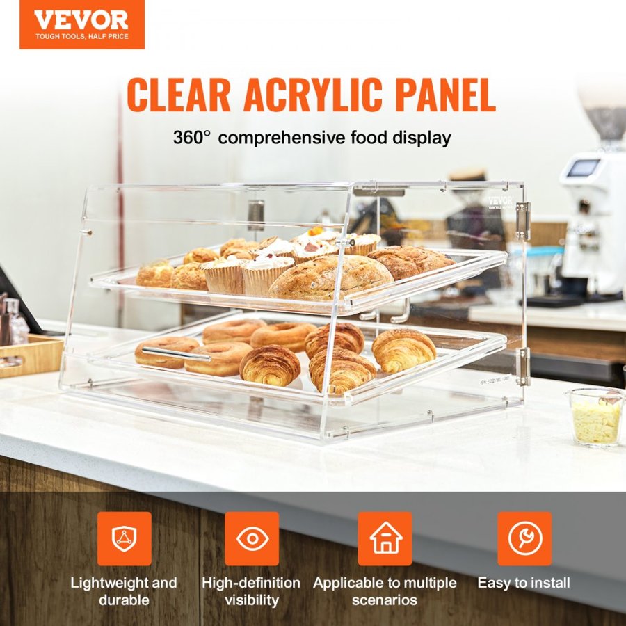 VEVOR Pastry Display Case, 2-Tier Commercial Countertop Bakery Display Case, Acrylic Display Box with Rear Door Access & Removable Shelves, Keep Fresh for Donut Bagels Cake Cookie, 52.6 x 33.5 x 30.2 cm