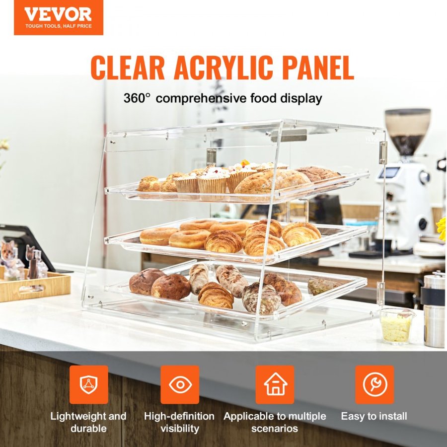 VEVOR Pastry Display Case, 3-Tier Commercial Countertop Bakery Display Case, Acrylic Display Box with Rear Door Access & Removable Shelves, Keep Fresh for Donut Bagels Cake Cookie, 52.6 x 36.1 x 41.4 cm