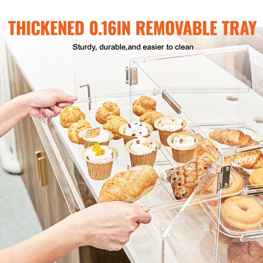 VEVOR Pastry Display Case, 3-Tier Commercial Countertop Bakery Display Case, Acrylic Display Box with Rear Door Access & Removable Shelves, Keep Fresh for Donut Bagels Cake Cookie, 52.6 x 36.1 x 41.4 cm