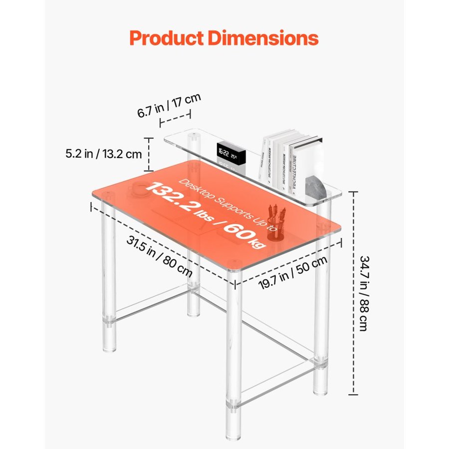 VEVOR Acrylic Clear Desk – 2 Tiers, 19.7 × 31.5 × 34.7 in.