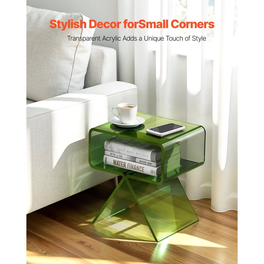 VEVOR Clear Acrylic Nightstand – 2-Tier, 17 in, Green