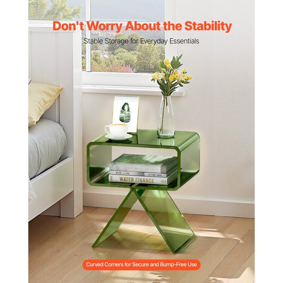 VEVOR Clear Acrylic Nightstand – 2-Tier, 17 in, Green
