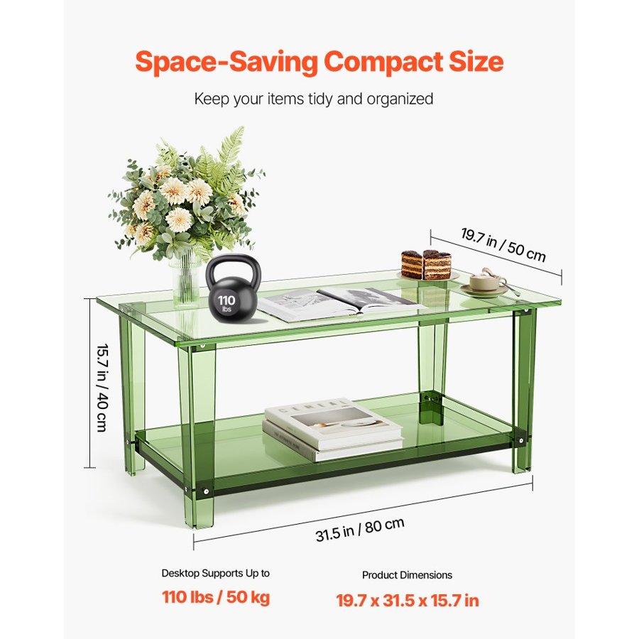 VEVOR Green Acrylic Coffee Table – 2 Tiers, 22 LBS, 92%