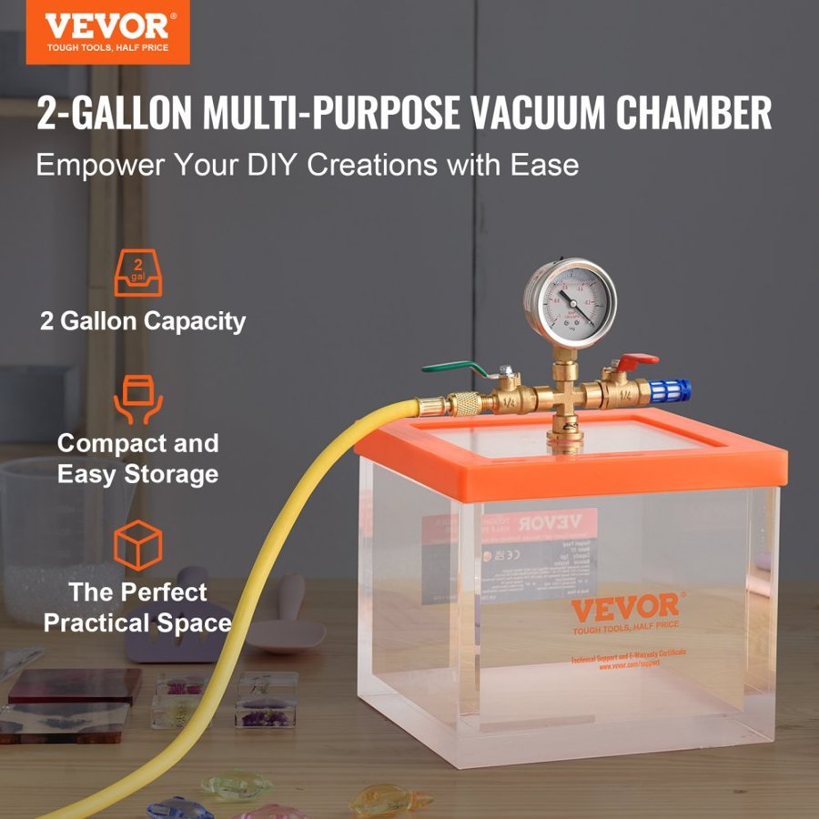 VEVOR 7.6L Vacuum Chamber, Upgraded Multipurpose Acrylic Vacuum Degassing Chamber, Transparent Vacuum Chamber, for Resin Degassing, Silica Gel Degassing, Gypsum Degassing and Vacuum Extraction