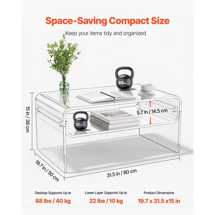 VEVOR Rectangular Acrylic Coffee Table – 19.7 x 31.5 x 15 in