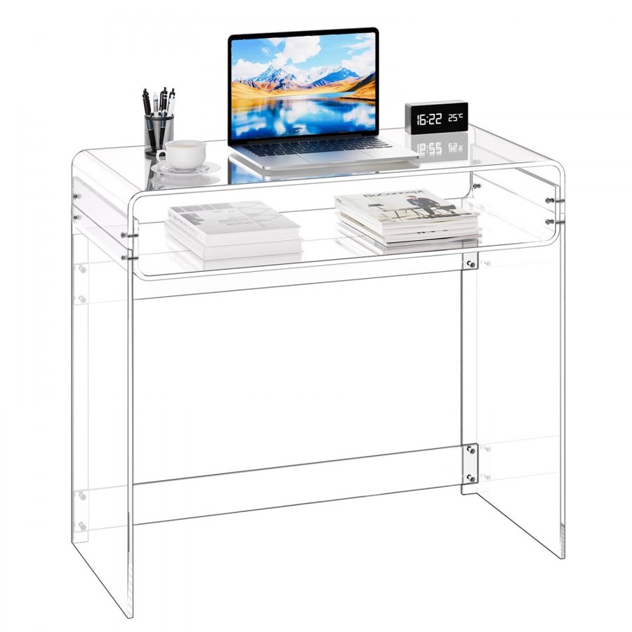 VEVOR Acrylic Table, 2 Tiers Clear End Table with Storage Shelf, Modern Rectangle Acrylic Side Desk, Transparent Thick Desk Nightstand for Bedroom, Office, Living Room, 40 x 85 x 75 cm (Clear)