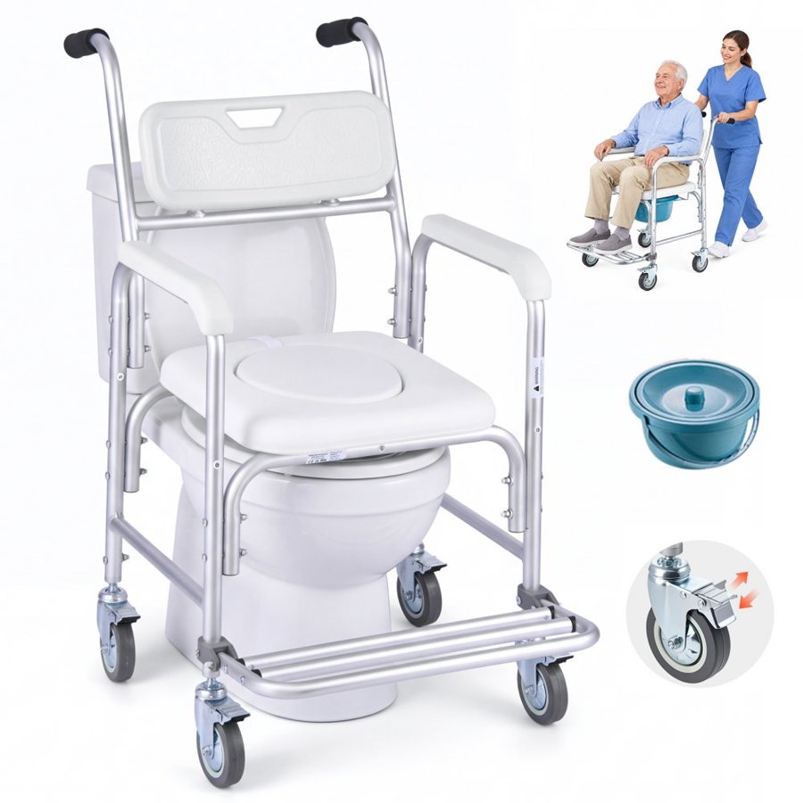VEVOR Bedside Commode Chair with Wheels, 159 kg Capacity, 4-in-1 Portable Toilet and Raised Toilet Seat with Padded Seat/Backrest/Flip-up Footrest, Detachable 5L Bucket, Shower Wheelchair for Seniors