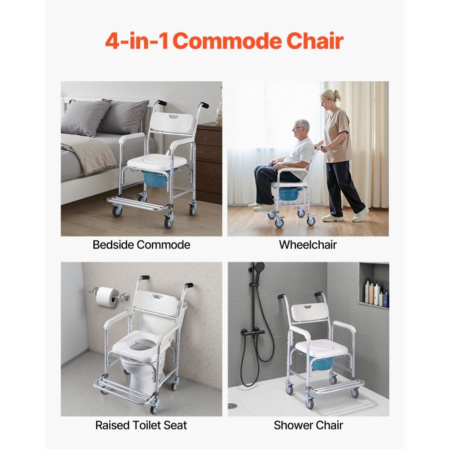 VEVOR Bedside Commode Chair with Wheels, 159 kg Capacity, 4-in-1 Portable Toilet and Raised Toilet Seat with Padded Seat/Backrest/Flip-up Footrest, Detachable 5L Bucket, Shower Wheelchair for Seniors
