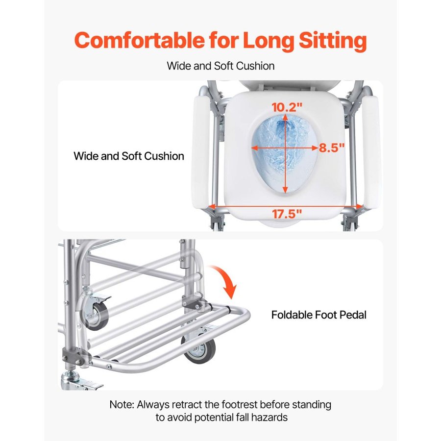 VEVOR Bedside Commode Chair with Wheels, 159 kg Capacity, 4-in-1 Portable Toilet and Raised Toilet Seat with Padded Seat/Backrest/Flip-up Footrest, Detachable 5L Bucket, Shower Wheelchair for Seniors
