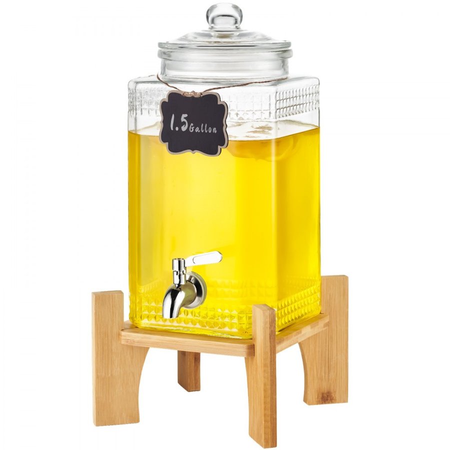 VEVOR Beverage Dispenser, 1.5 Gallon/5.5 L Drink Dispensers for Parties, Glass Juice Dispenser with Stand, Stainless Steel Spigot, Iced Tea Lemonade Juice Water Dispenser, for Restaurants, Hotels, Parties