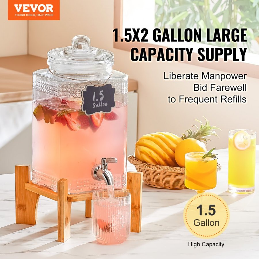 VEVOR Beverage Dispenser, 1.5 Gallon/5.5 L Drink Dispensers for Parties, Glass Juice Dispenser with Stand, Stainless Steel Spigot, Iced Tea Lemonade Juice Water Dispenser, for Restaurants, Hotels, Parties