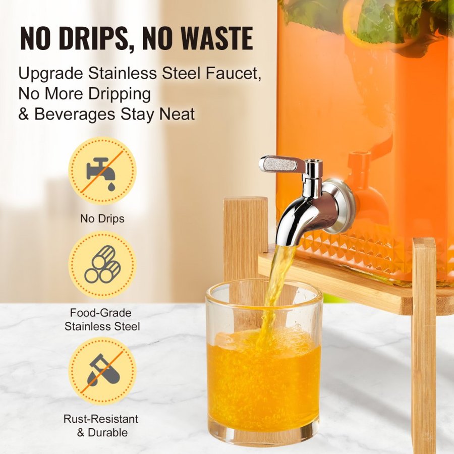 VEVOR Beverage Dispenser, 1.5 Gallon/5.5 L Drink Dispensers for Parties, Glass Juice Dispenser with Stand, Stainless Steel Spigot, Iced Tea Lemonade Juice Water Dispenser, for Restaurants, Hotels, Parties