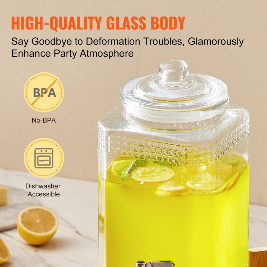 VEVOR Beverage Dispenser, 1.5 Gallon/5.5 L Drink Dispensers for Parties, Glass Juice Dispenser with Stand, Stainless Steel Spigot, Iced Tea Lemonade Juice Water Dispenser, for Restaurants, Hotels, Parties