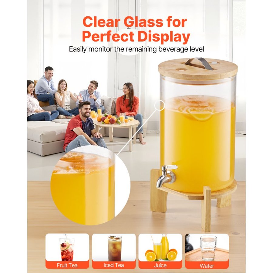 VEVOR Beverage Dispenser, 8L Drink Dispensers for Parties, Glass Juice Dispenser with Wood Stand, Stainless Steel Spigot, Iced Tea Lemonade Juice Water Dispensers for Parties