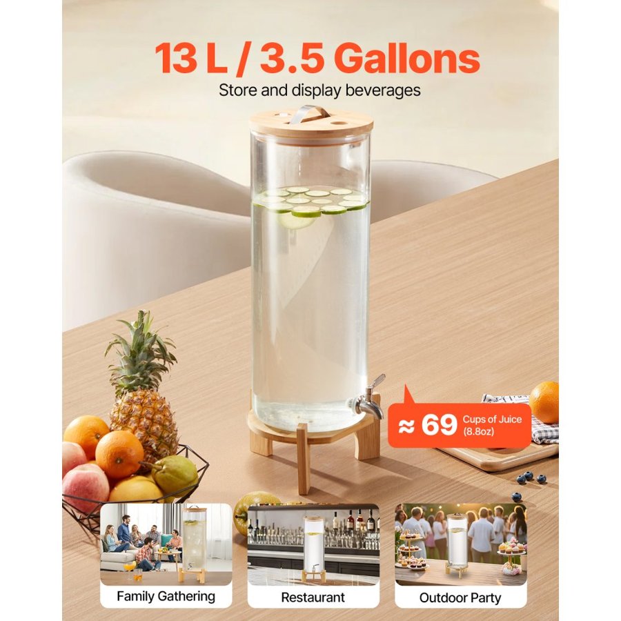 VEVOR Beverage Dispenser, 13L Drink Dispensers for Parties, Glass Juice Dispenser with Wood Stand, Stainless Steel Spigot, Iced Tea Lemonade Juice Water Dispensers for Parties