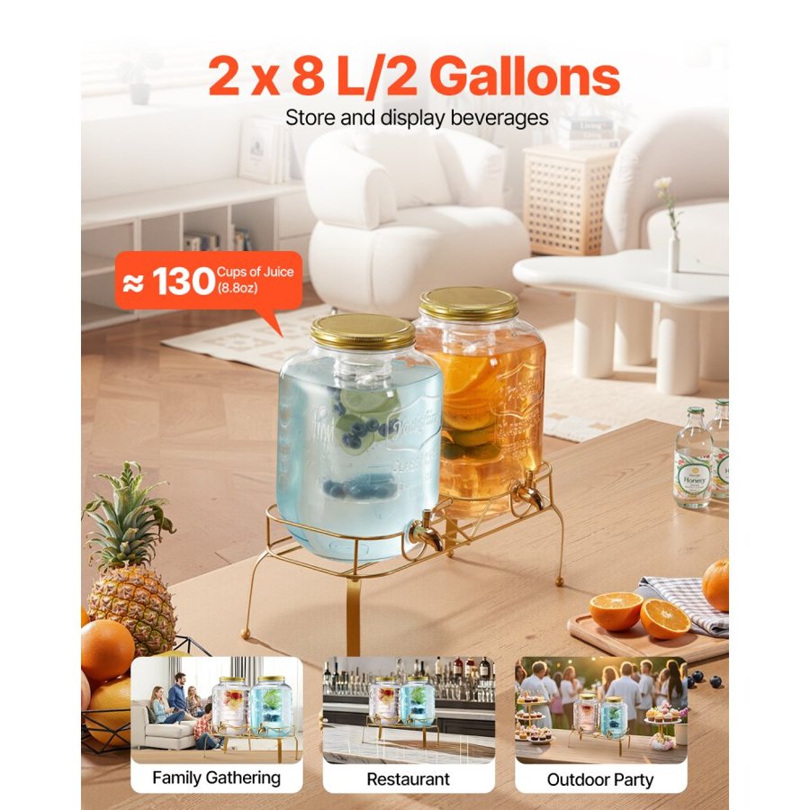 VEVOR Beverage Dispenser, 2 Pack 8L Drink Dispensers for Parties, Glass Juice Dispenser with Metal Stand, Stainless Steel Spigot, Infuser, Iced Tea Lemonade Juice Water Dispensers for Parties