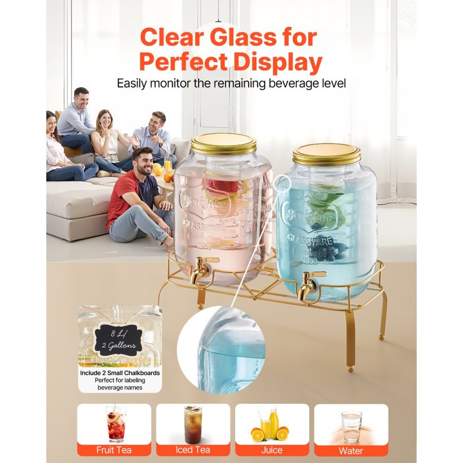 VEVOR Beverage Dispenser, 2 Pack 8L Drink Dispensers for Parties, Glass Juice Dispenser with Metal Stand, Stainless Steel Spigot, Infuser, Iced Tea Lemonade Juice Water Dispensers for Parties