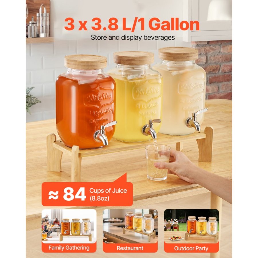 VEVOR Beverage Dispenser, 3 Pack 3.8L Drink Dispensers for Parties, Glass Juice Dispenser with Wood Stand, Stainless Steel Spigot, Infuser, Iced Tea Lemonade Juice Water Dispensers for Parties
