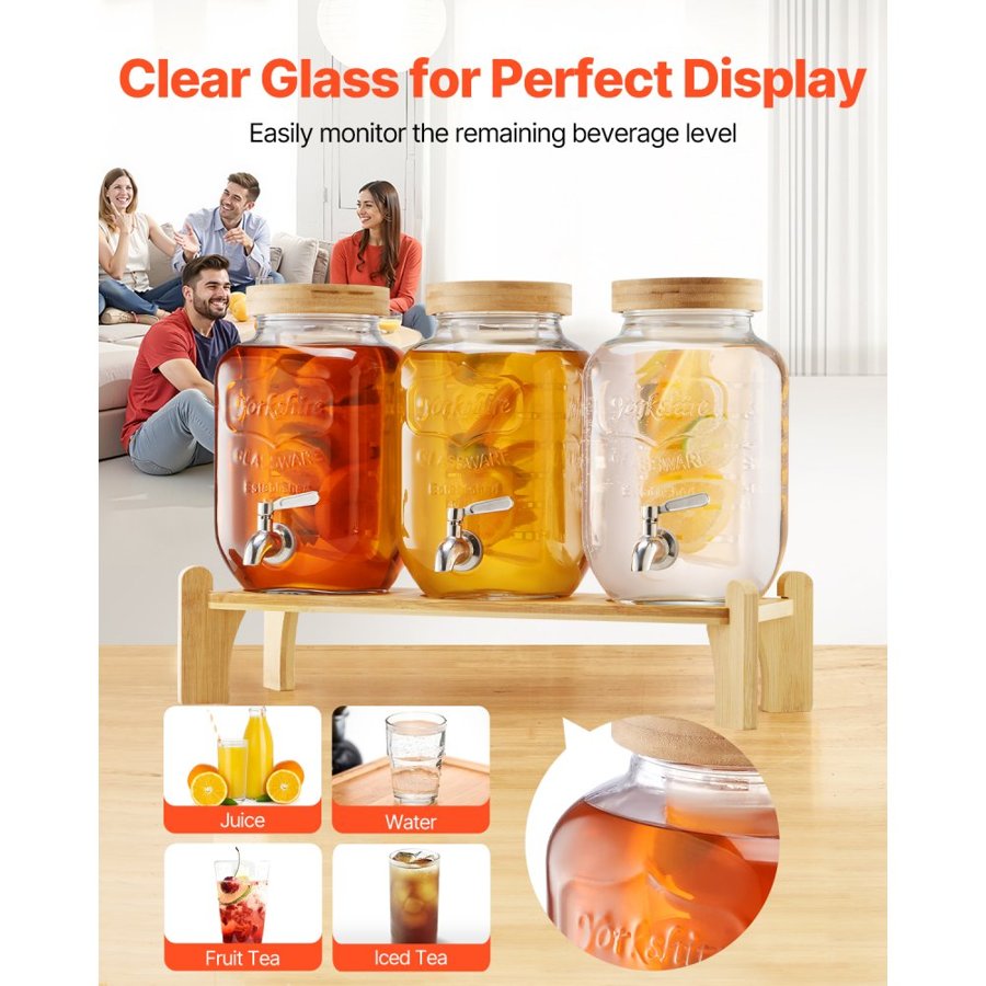 VEVOR Beverage Dispenser, 3 Pack 3.8L Drink Dispensers for Parties, Glass Juice Dispenser with Wood Stand, Stainless Steel Spigot, Infuser, Iced Tea Lemonade Juice Water Dispensers for Parties