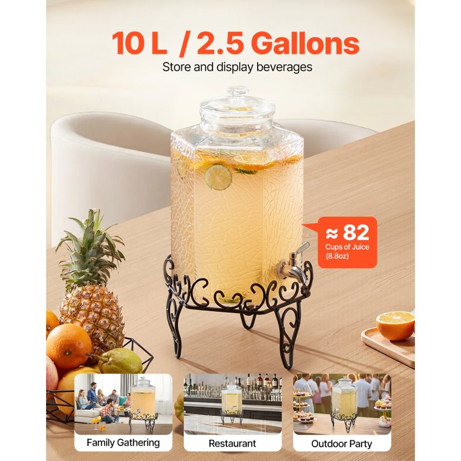 VEVOR Beverage Dispenser, 10L Drink Dispensers for Parties, Glass Juice Dispenser with Metal Stand, Stainless Steel Spigot, Iced Tea Lemonade Juice Water Dispensers for Parties