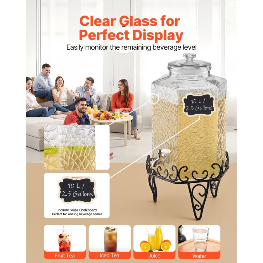 VEVOR Beverage Dispenser, 10L Drink Dispensers for Parties, Glass Juice Dispenser with Metal Stand, Stainless Steel Spigot, Iced Tea Lemonade Juice Water Dispensers for Parties