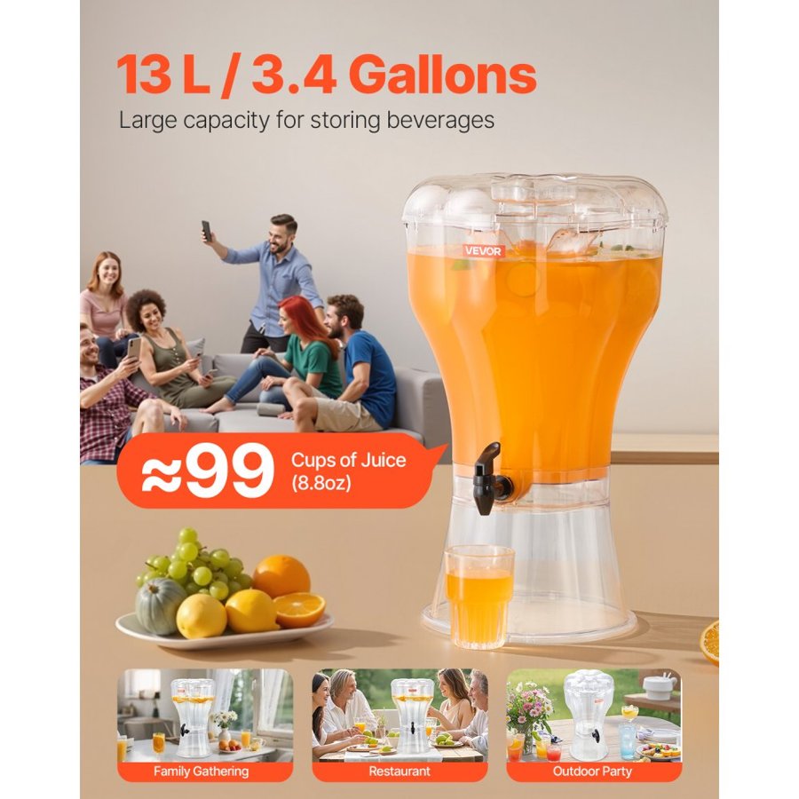 VEVOR Beverage Dispenser, 13L Drink Dispenser for Parties, Plastic Juice Dispensers with No-Drip Spigot, Iced Tea Lemonade Juice Water Dispensers, for Restaurants, Hotels, Parties