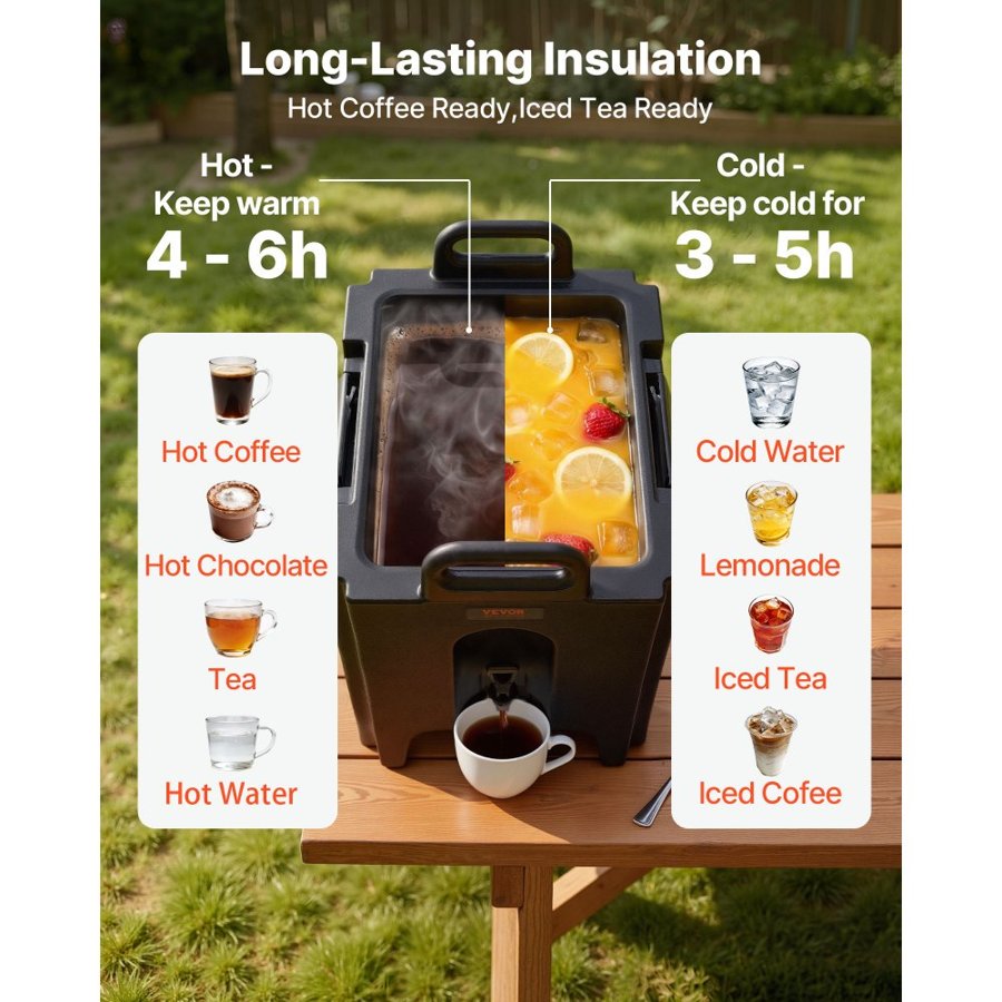 VEVOR Insulated Beverage Dispenser, 37.9 L, Food-grade LL9450UP Hot and Cold Beverage Server, Thermal Drink Dispenser Cooler with 3 cm PU Layer Two-Stage Faucet Handle, for Restaurant Drink Shop