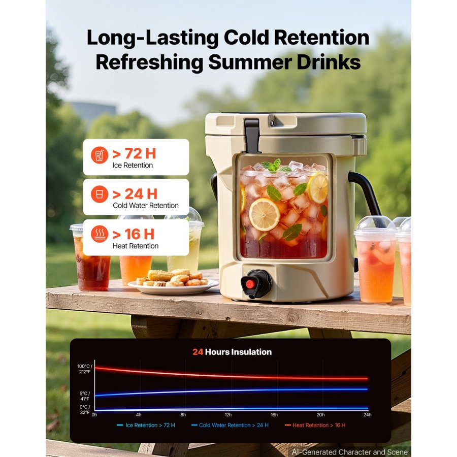 VEVOR Insulated Beverage Dispenser 9.5 Liters Hot and Cold Beverage Server, for Camping Outdoor Events Parties, Leakproof Ice Water Drink Cooler, with Easy Pour Spigot, Latched Lid, Portable Handle