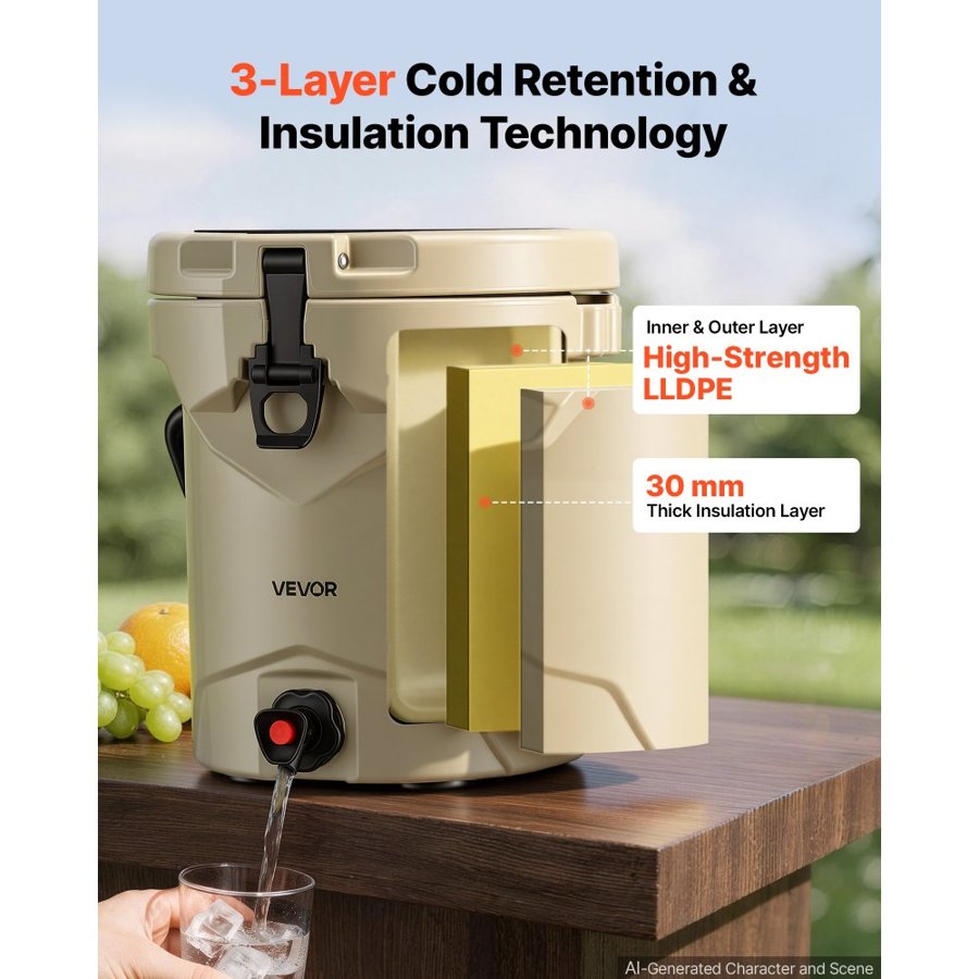 VEVOR Insulated Beverage Dispenser 9.5 Liters Hot and Cold Beverage Server, for Camping Outdoor Events Parties, Leakproof Ice Water Drink Cooler, with Easy Pour Spigot, Latched Lid, Portable Handle
