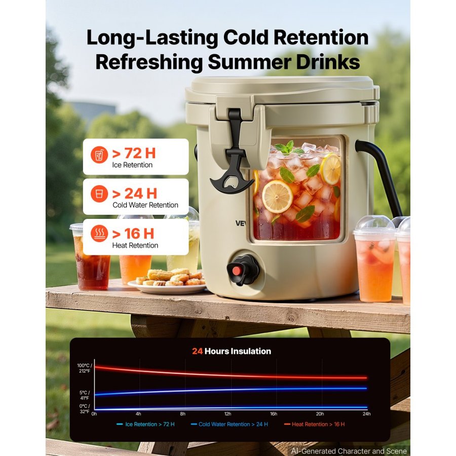 VEVOR Insulated Beverage Dispenser 13 Liters Hot and Cold Beverage Server, for Camping Outdoor Events Parties, Leakproof Ice Water Drink Cooler, with Easy Pour Spigot, Latched Lid, Portable Handle
