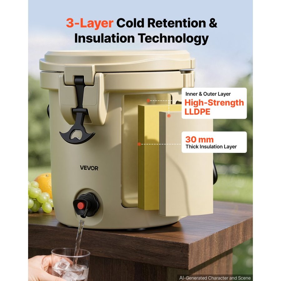 VEVOR Insulated Beverage Dispenser 13 Liters Hot and Cold Beverage Server, for Camping Outdoor Events Parties, Leakproof Ice Water Drink Cooler, with Easy Pour Spigot, Latched Lid, Portable Handle