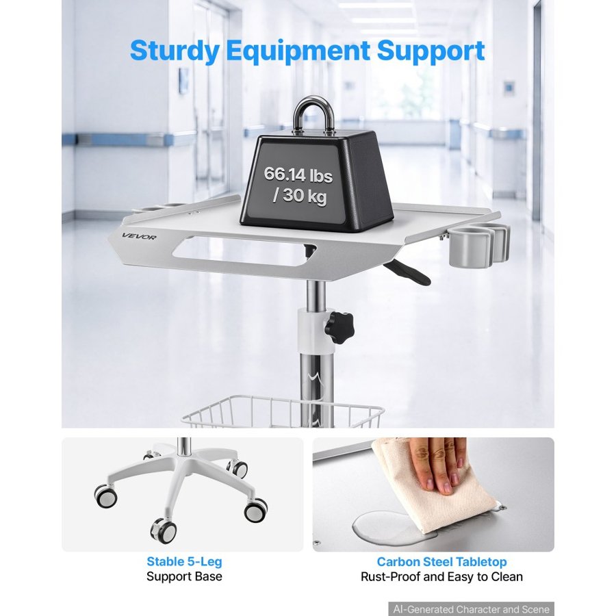 VEVOR Medical Cart 30 kg Max Load Height Adjustable with Storage Basket, for Clinic, Hospital, Laboratory, Pneumatic Lift, Stable Support, Medical Trolley Cart with a Basket, 360° Swivel Wheels