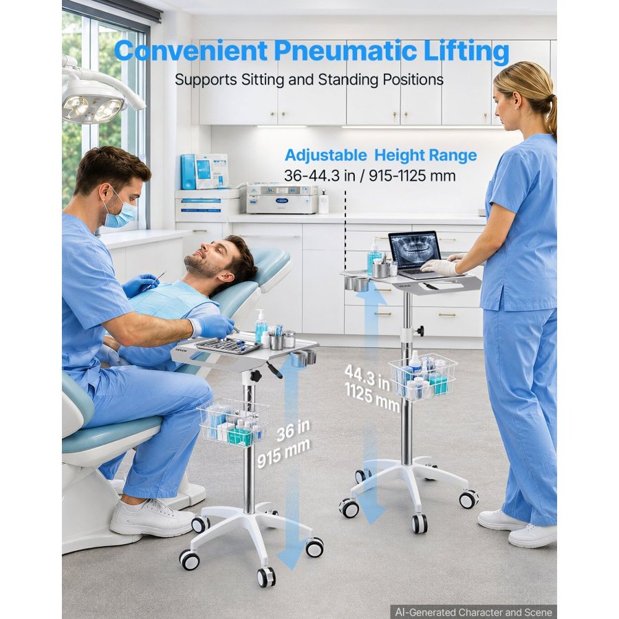 VEVOR Medical Cart 30 kg Max Load Height Adjustable with Storage Basket, for Clinic, Hospital, Laboratory, Pneumatic Lift, Stable Support, Medical Trolley Cart with a Basket, 360° Swivel Wheels