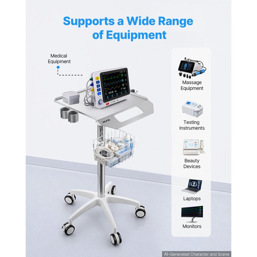 VEVOR Medical Cart 30 kg Max Load Height Adjustable with Storage Basket, for Clinic, Hospital, Laboratory, Pneumatic Lift, Stable Support, Medical Trolley Cart with a Basket, 360° Swivel Wheels