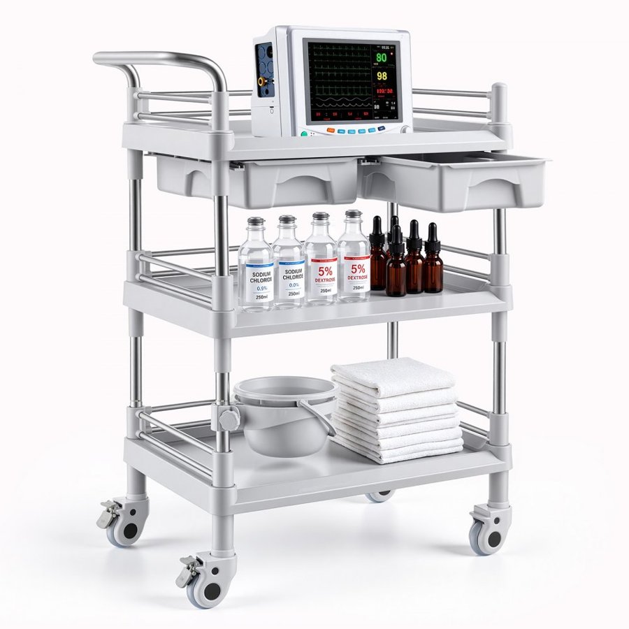 VEVOR Medical Cart Three-Tier Medical Trolley Cart with 2 Drawers 50 kg, for Clinic, Hospital, Beauty Salon, Lab, with a Waste Tray, Stable Support, Medical Trolley Cart with Casters and Handle