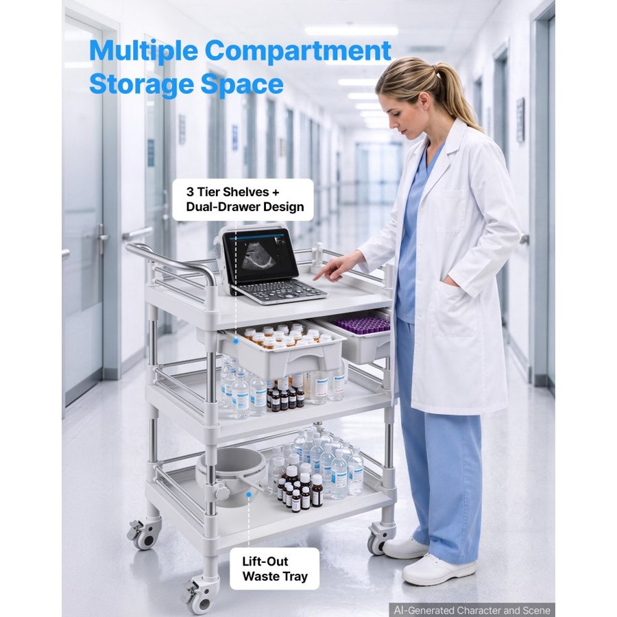 VEVOR Medical Cart Three-Tier Medical Trolley Cart with 2 Drawers 50 kg, for Clinic, Hospital, Beauty Salon, Lab, with a Waste Tray, Stable Support, Medical Trolley Cart with Casters and Handle