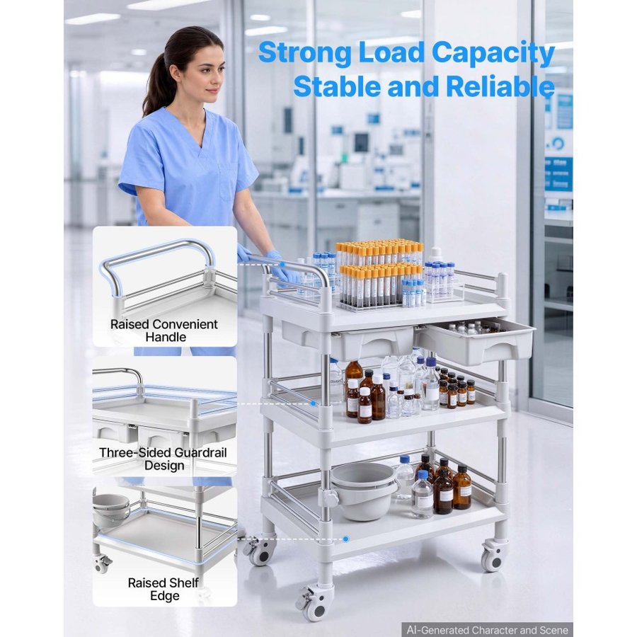 VEVOR Medical Cart Three-Tier Medical Trolley Cart with 2 Drawers 50 kg, for Clinic, Hospital, Beauty Salon, Lab, with a Waste Tray, Stable Support, Medical Trolley Cart with Casters and Handle