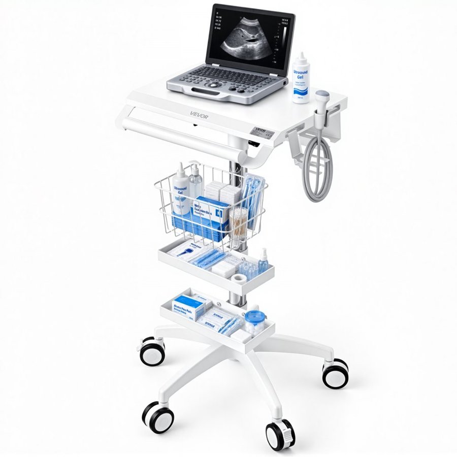 VEVOR Medical Cart 30 kg Max Load Height Adjustable Pneumatic Lift, for Clinic, Hospital, Laboratory, with 2 Storage Trays and 1 Basket, Stable Support, Medical Trolley Cart with 5 Casters