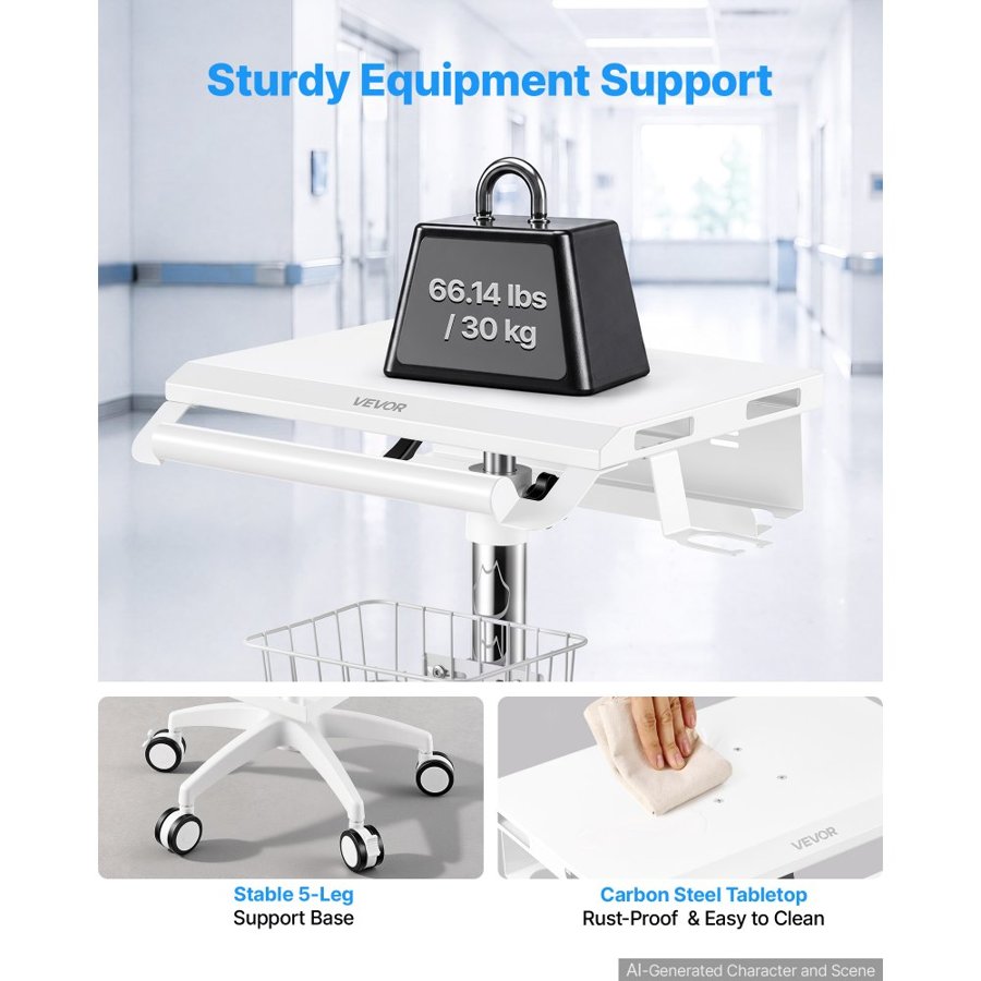 VEVOR Medical Cart 30 kg Max Load Height Adjustable Pneumatic Lift, for Clinic, Hospital, Laboratory, with 2 Storage Trays and 1 Basket, Stable Support, Medical Trolley Cart with 5 Casters