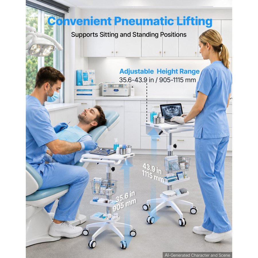 VEVOR Medical Cart 30 kg Max Load Height Adjustable Pneumatic Lift, for Clinic, Hospital, Laboratory, with 2 Storage Trays and 1 Basket, Stable Support, Medical Trolley Cart with 5 Casters