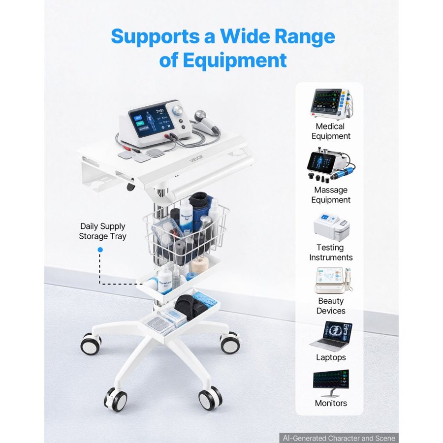 VEVOR Medical Cart 30 kg Max Load Height Adjustable Pneumatic Lift, for Clinic, Hospital, Laboratory, with 2 Storage Trays and 1 Basket, Stable Support, Medical Trolley Cart with 5 Casters